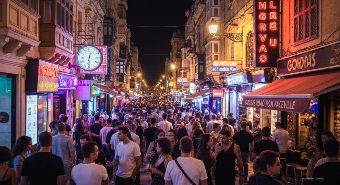 午夜后帕切维尔的圣乔治路，霓虹灯在密集人群上方闪烁，通往俱乐部和深夜酒吧