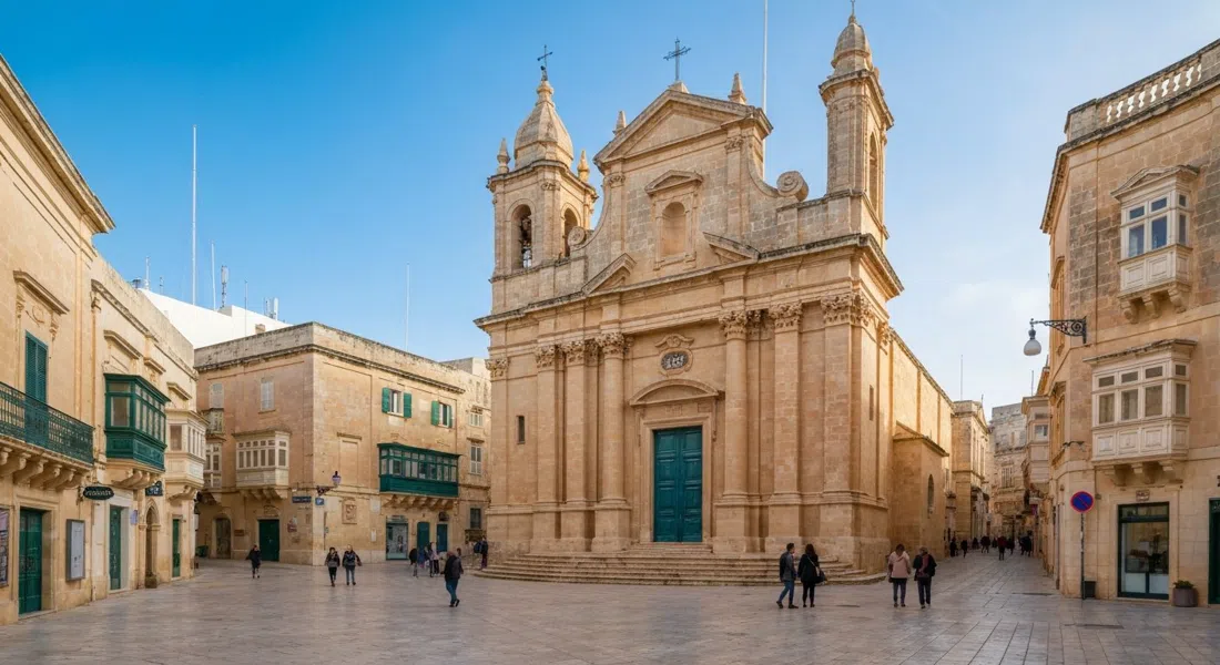 Iglesia del Naufragio de San Pablo en la calle St. Paul, La Valeta, con su fachada barroca y una plaza tranquila bajo una luz suave diurna