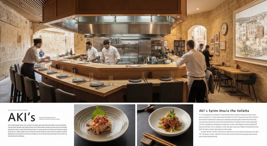 Comedor con cocina abierta de Aki en 175 Strait Street, La Valeta, con asientos en barra frente a los chefs y un plato contemporáneo japonés en primer plano