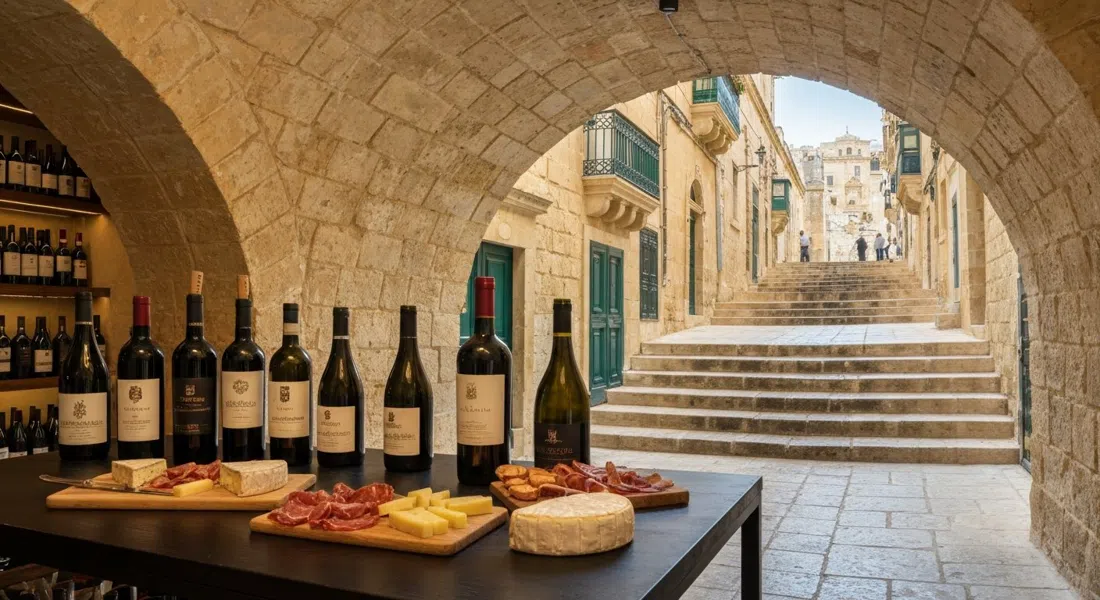 Trabuxu Wine Bar en una bodega de piedra abovedada, botellas de vino, tablas de queso y embutidos, con una calle escalonada justo afuera