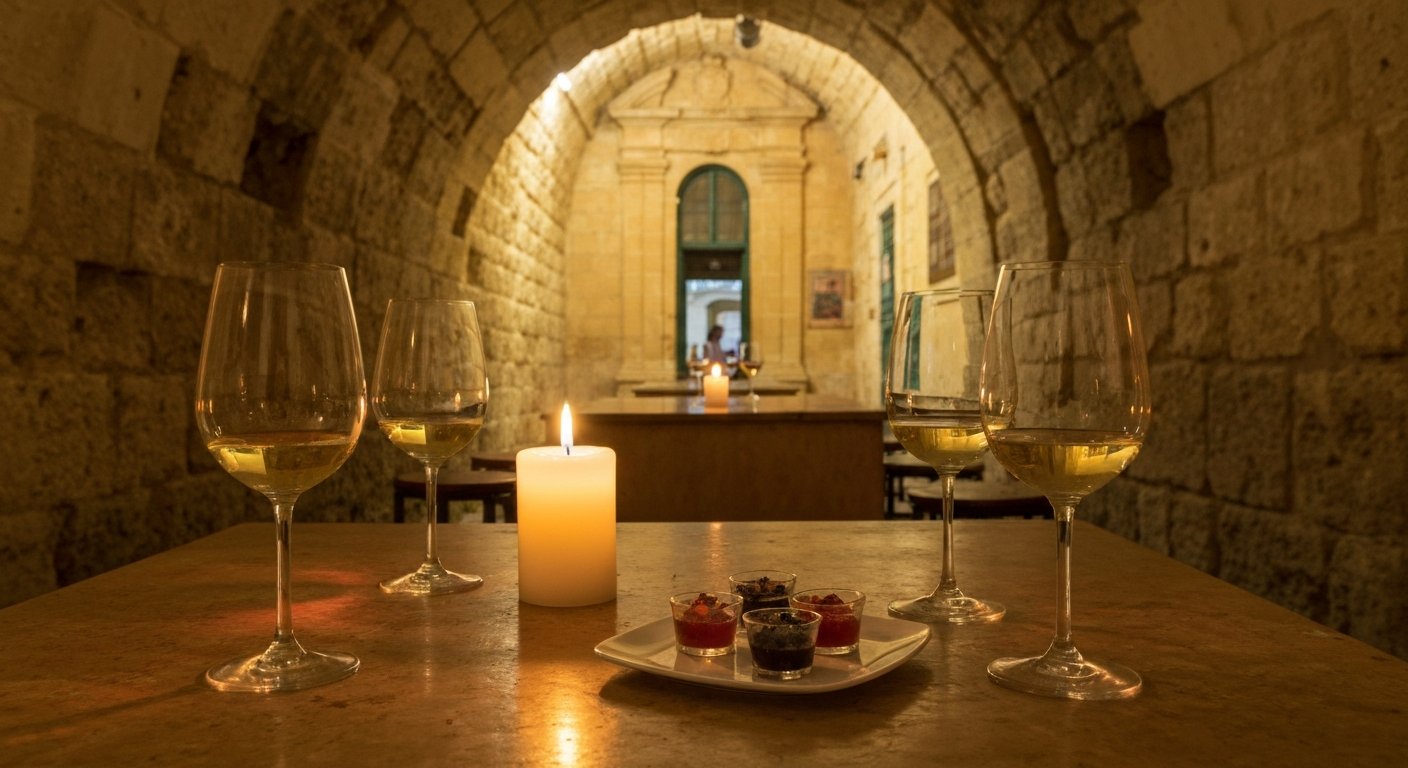 a candlelit cellar table at Legligin on Triq Santa Lucia, with Maltese wine glasses and small tasting plates in the low stone room