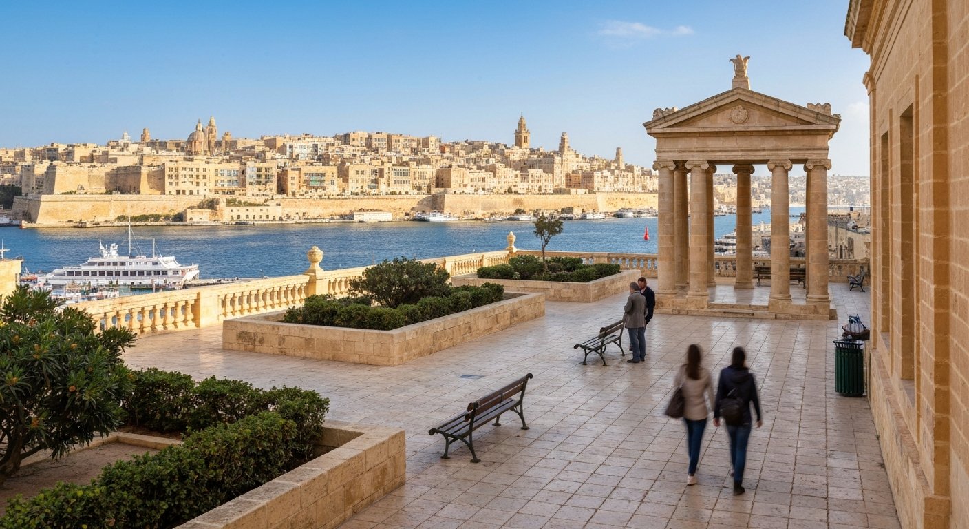 the Lower Barrakka Gardens terrace with the neo-classical temple, benches and the Grand Harbour and Three Cities beyond